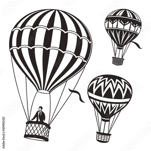 Hot air balloons soaring in the sky black and white