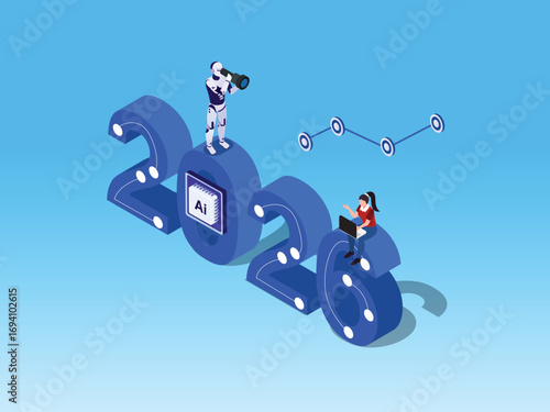 Business team and robot working on the future of AI in 2026 3d isometric vector illustration