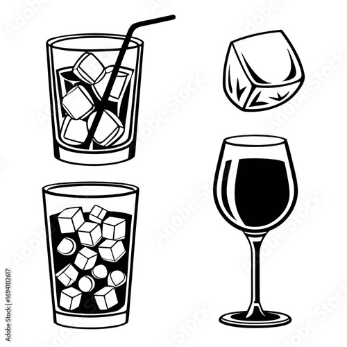 Ice cubes in drinks and wine glass glasses straw