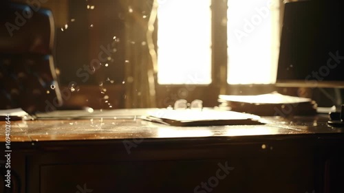 Dust motes in light over a polished wood desk with papers, glasses and leather chair, office atmosphere.