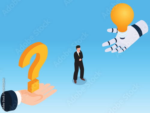 Businessman confused between human and AI ideas 3d isometric vector illustration
