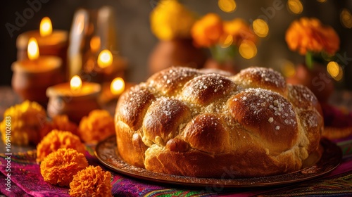 Photo of freshly baked Pan de muerto bread with golden sugar crust and bone motifs. Surrounded by marigold flowers and candles, it symbolizes tradition, remembrance, and family heritage