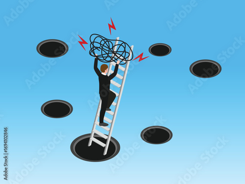 Businessman with a tangled mess climbing a ladder 3d isometric vector illustration