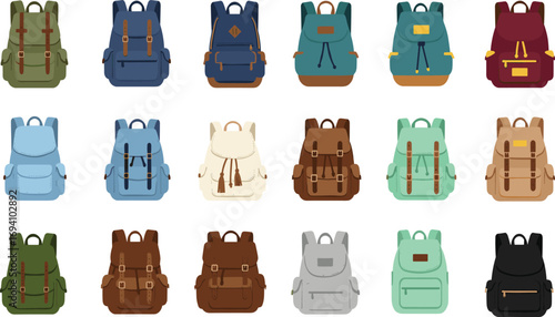 Collection of colorful backpacks, travel and school bags, casual and stylish designs, multiple colors, flat vector icons set, isolated