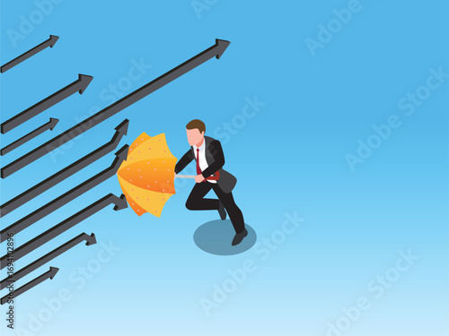 Businessman using an umbrella to protect himself from falling arrows 3d isometric vector illustration