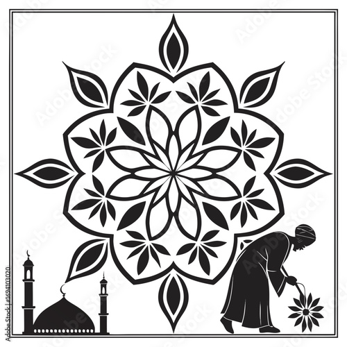 Islamic man tending flower near mosque silhouette