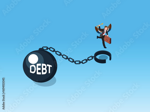 Businessman with wings breaking free from a debt ball and chain 3d isometric vector illustration