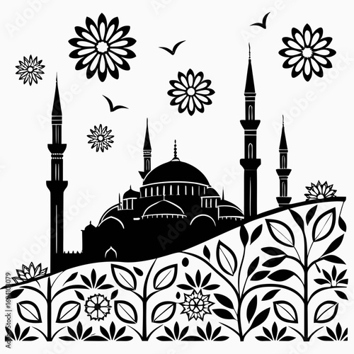 Islamic mosque and floral silhouette minarets dome