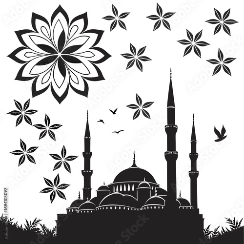 Islamic mosque and floral motifs minarets domes