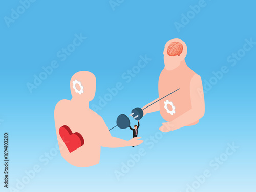 Balancing emotion and logic for success 3d isometric vector illustration