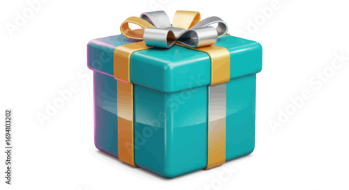 Teal Gift Box with Gold and Silver Ribbon and Bow.