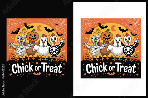 Halloween chickens dressed as mummy skeleton and pumpkin, halloween, chickens, mummy, skeleton, pumpkin, bats, spiderweb, moon, stars, orange, black, white, cute, cartoon, spooky, trick or treat, holi