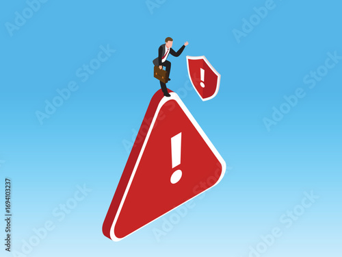 Businessman standing on a warning sign holding a shield 3d isometric vector illustration