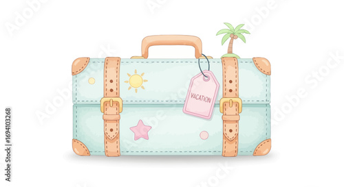 Pastel Blue Vintage Suitcase with Travel Stickers and Palm Tree.