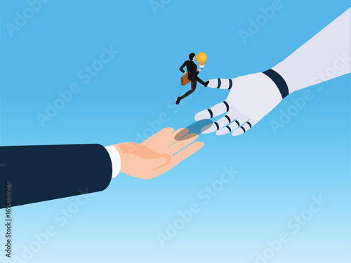 Businessman with a light bulb jumping to a robot hand 3d isometric vector illustration