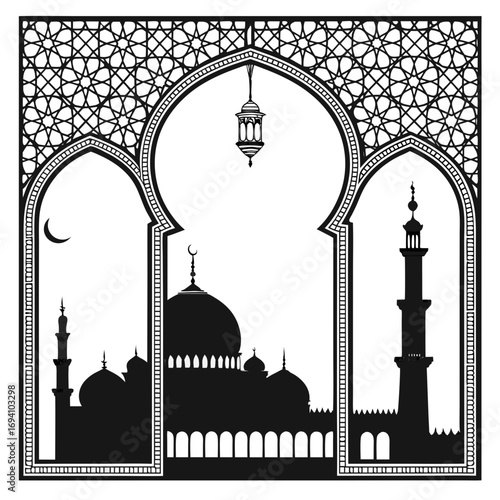 Islamic mosque architecture with arches and dome minaret