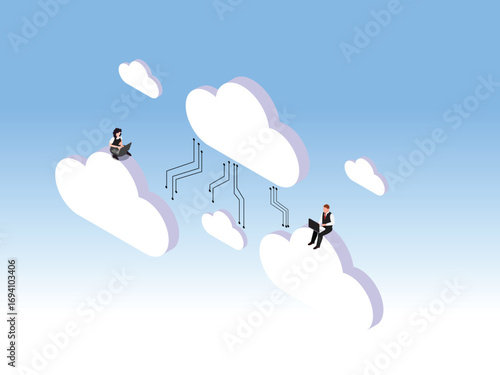 Cloud computing and digital data transfer between business people 3d isometric vector illustration