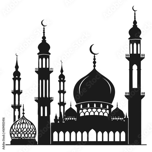 Islamic mosque silhouette with domes and minarets architecture