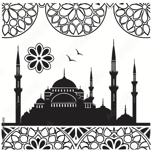 Islamic mosque silhouette with floral motifs and birds