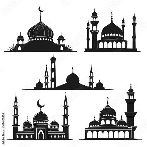 Islamic mosque silhouettes domes minarets crescent moons