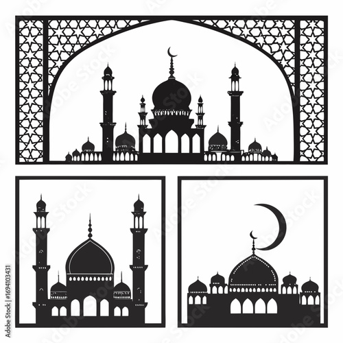Islamic mosque silhouettes with geometric patterns