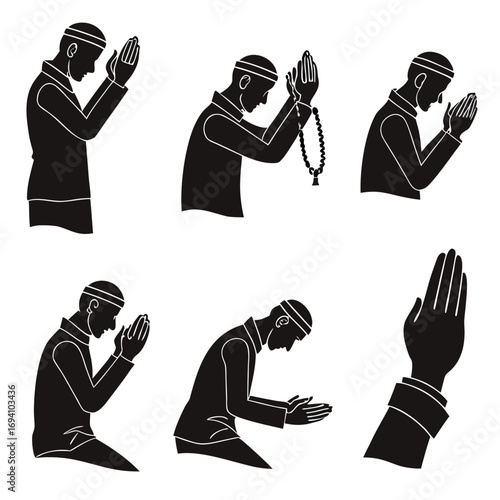 Islamic prayer gestures silhouettes vector