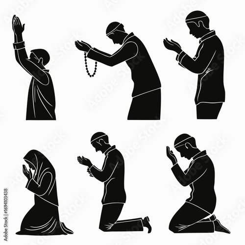 Islamic prayer gestures silhouettes vector