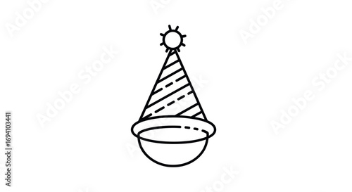 Simple Line Art Party Hat Icon with Stripes and Pom-Pom.