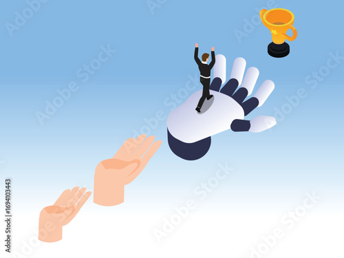 Hand in hand business partnership with artificial intelligence 3d isometric vector illustration