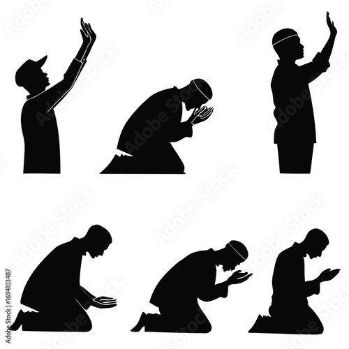 Islamic prayer poses silhouettes vector