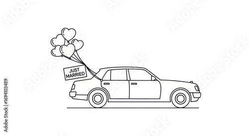 Simple Line Art Car with Wedding Balloons and Sign.
