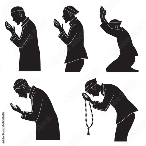 Islamic prayer poses silhouettes vector