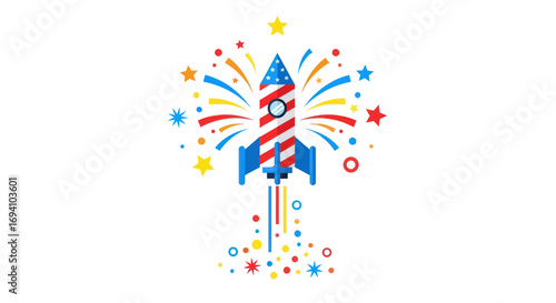 Patriotic American Flag Rocket Launching with Colorful Fireworks.