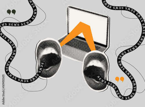 Modern halftone collage  laptop and screaming two mouth with news text on black ribbon,trendy collage cut out elements