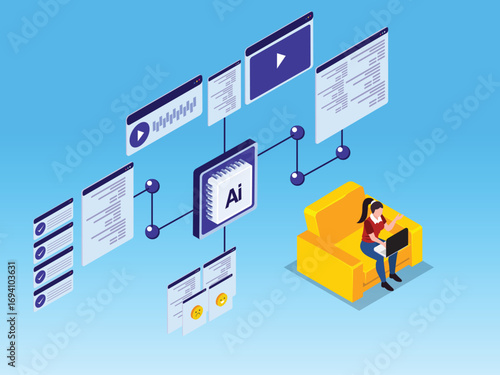 Businessman with a key trying to open a padlock 3d isometric vector illustration