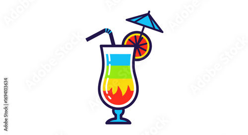 Rainbow Layered Cocktail Drink with Orange Slice and Umbrella.