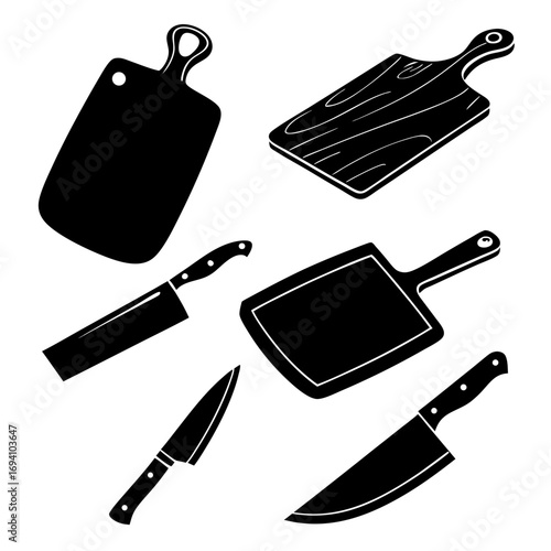 Kitchen cutting boards and knives silhouettes kitchenware