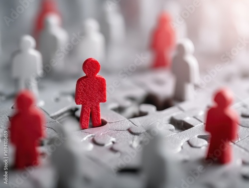 Selecting right people for organization's success. Think different and unique concept. Jigsaw puzzle piece with red businessperson standing out from the crowd.