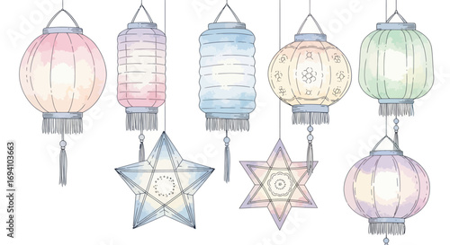 Watercolor pastel hanging lanterns set with various shapes.