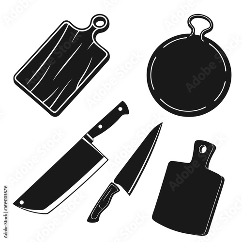 Kitchen cutting boards and knives silhouettes knife