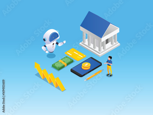 Financial management with AI and mobile banking 3d isometric vector illustration