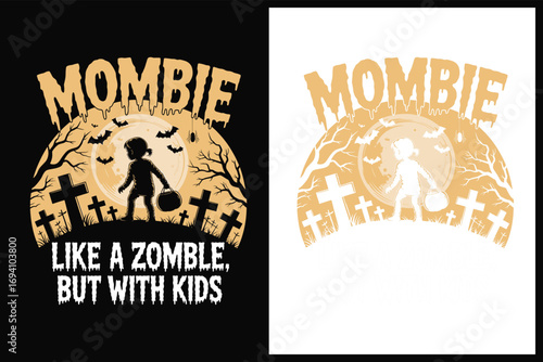 Mombie Halloween child trick or treat candy, halloween, mombie, child, trick or treat, candy, bucket, moon, graveyard, crosses, trees, bats, spider, silhouette, spooky, creepy, night, orange, black, w