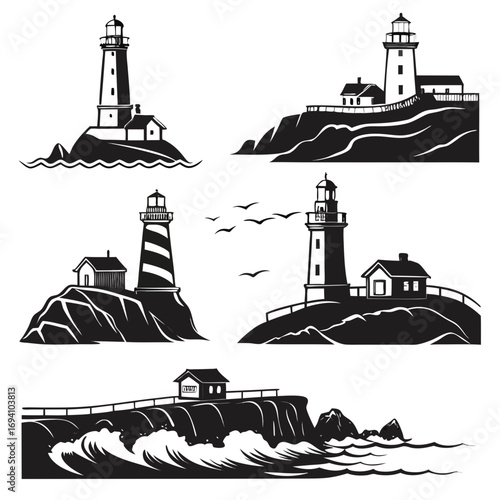 Lighthouse sea cliff silhouettes ocean