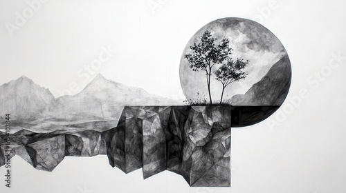 Stunning charcoal drawing depicting surreal landscape featuring mountains, large circular element, and trees. artwork