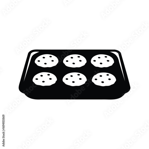 A black and white illustration of freshly baked chocolate chip cookies, baking tray with cookies silhouette vector illustration