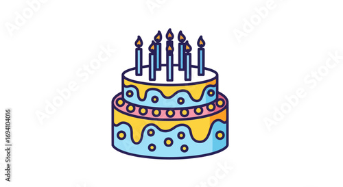 Colorful Two-Tiered Birthday Cake with Candles.