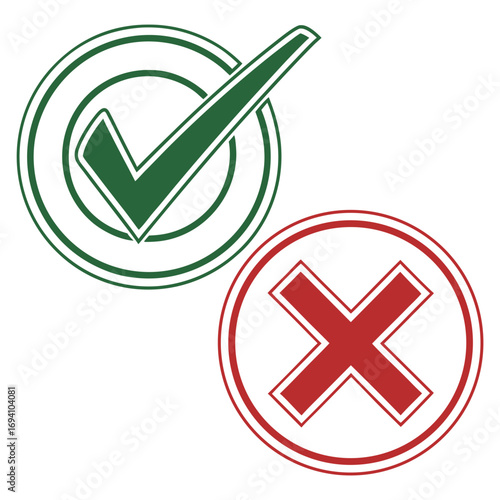 Checkmark and cross mark symbols for right and wrong choices validation approval and rejection confirmation icons