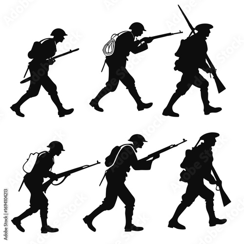 Marching soldiers with rifles and backpacks silhouettes
