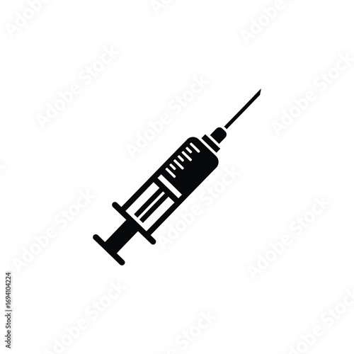 Monochrome medical syringe icon isolated on white. A simple vector graphic symbol for injection, vaccination, medicine, and healthcare concepts