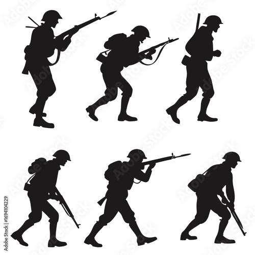 Marching soldiers with rifles helmets backpacks